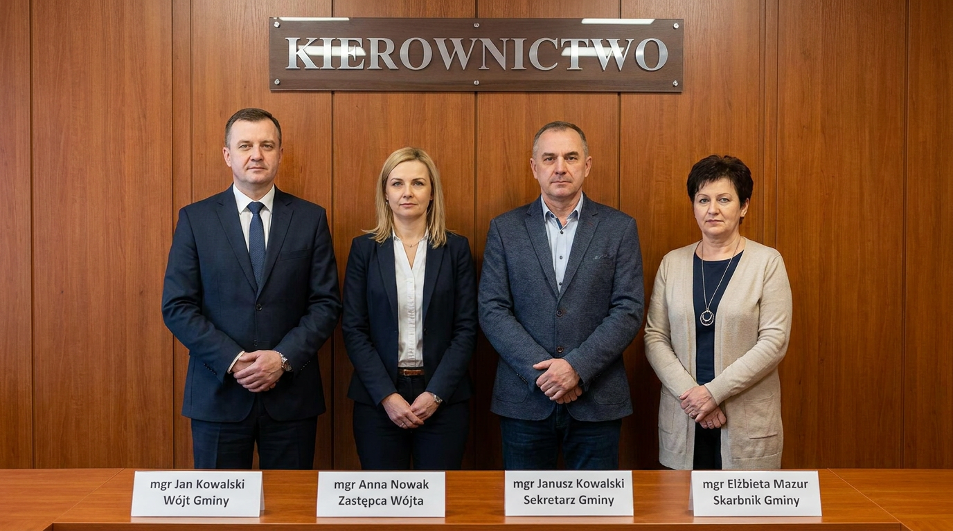 Kierownictwo Wójt Gminy: mgr Jan Kowalski Zastępca Wójta: mgr Anna Nowak Sekretarz Gminy: mgr Janusz Kowalski Skarbnik Gminy: mgr Elżbieta Mazur